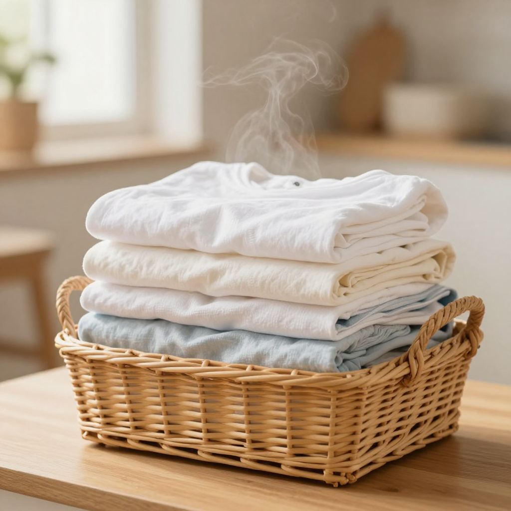 Steaming freshly laundered and folded shirts in woven wicker basket